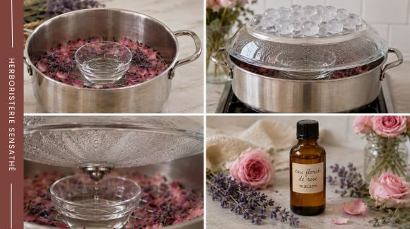 Fabrication d’une eau florale maison par distillation à la vapeur avec fleurs, glaçons et flacon en verre teinté - Herboristerie Sensathé
